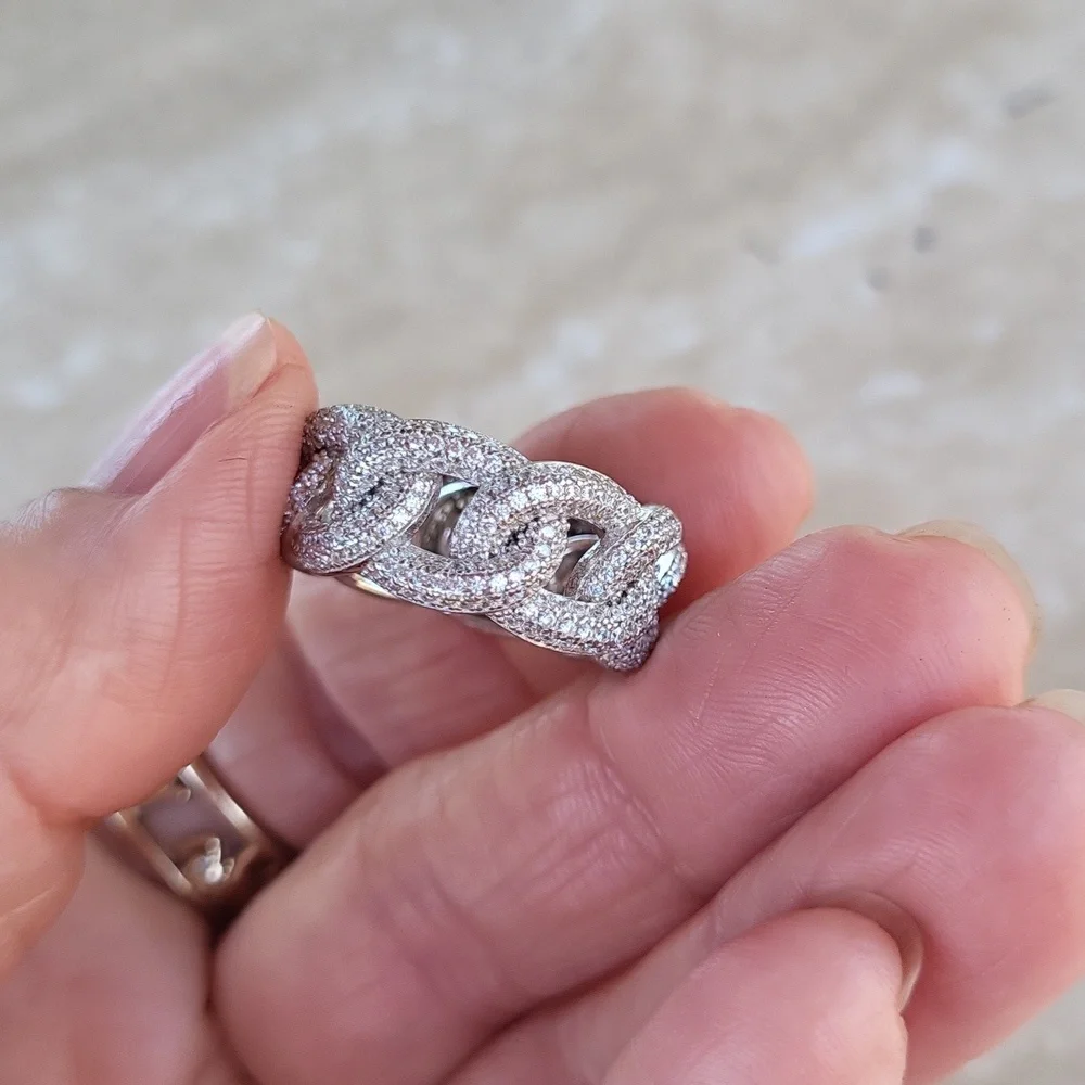 925 Sterling Cuban Chain Link Ring With Simulated Diamonds